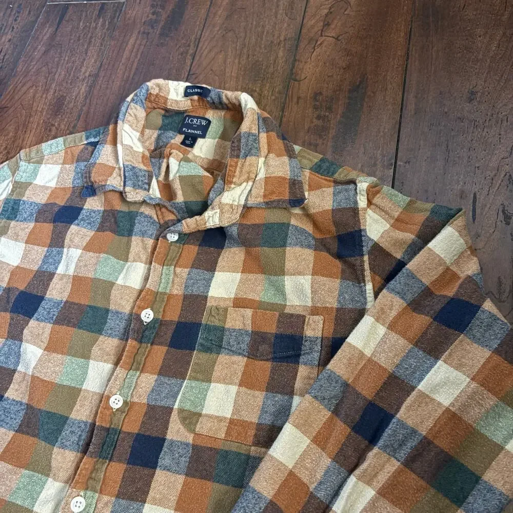 J. Crew Flannel Shirt Mens L Brown Plaid Button Up Collared Casual Long Sleeve - Picture 2 of 7